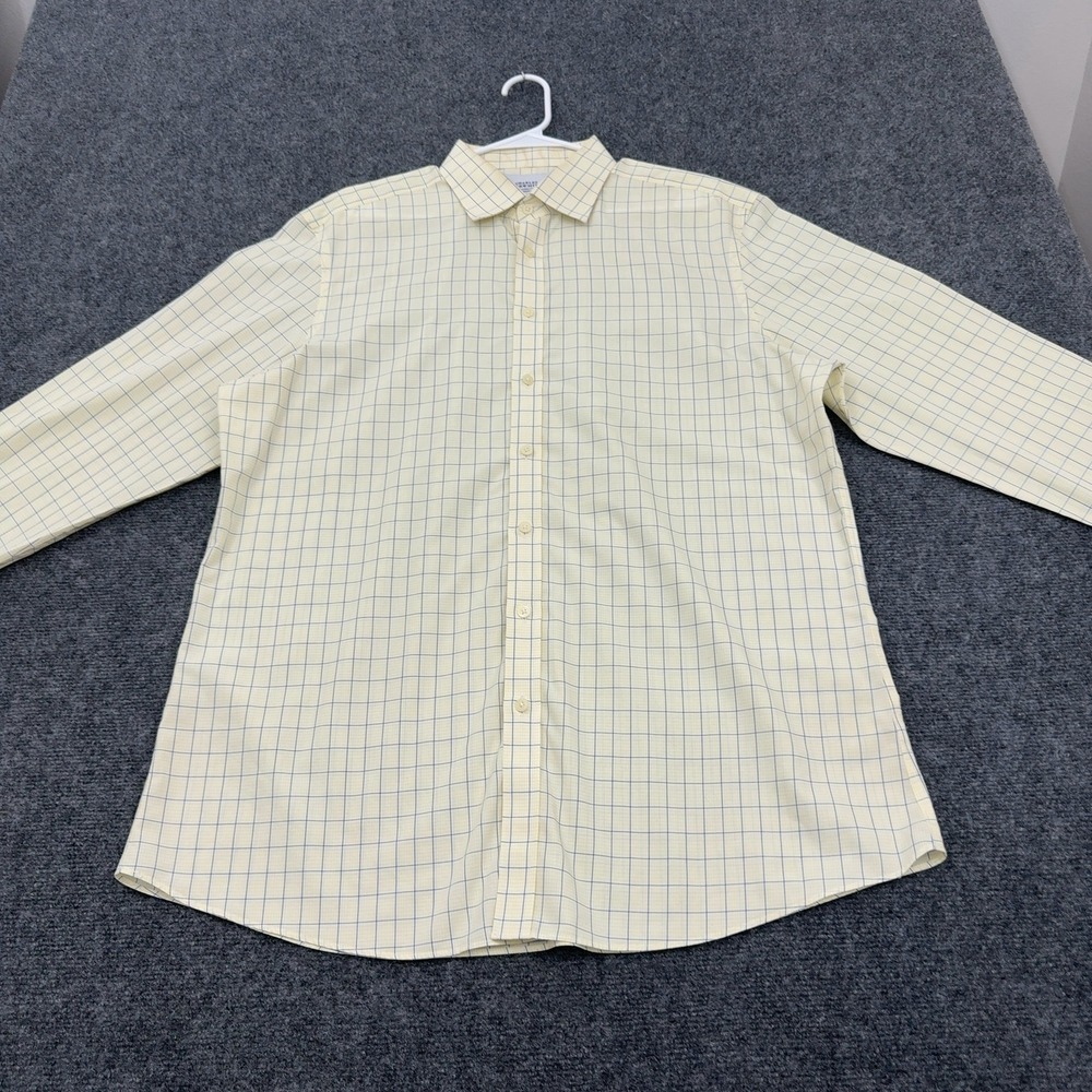 Charles Tyrwhitt Button Down Mens 17.5 Yellow Cotton Non Iron Slim Fit Plaid